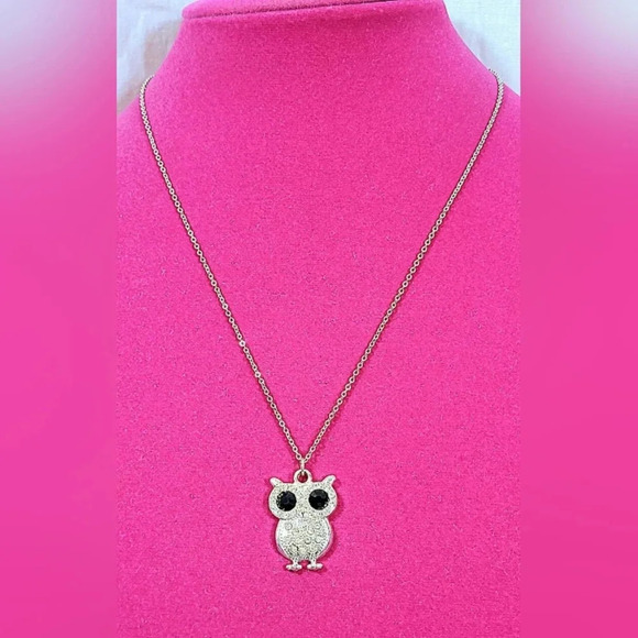 Vintage Silver Owl Pendant Necklace - Big Black Rhinestone Eyes - Picture 2 of 4